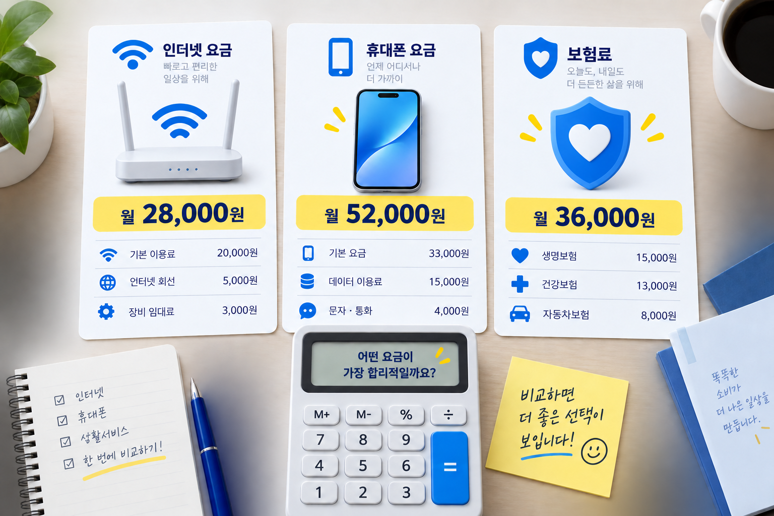 인터넷 요금, 휴대폰 요금, 보험료를 항목별로 비교하는 모습